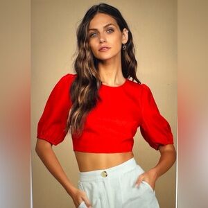 LULUS Red Puff Sleeve Crop Top